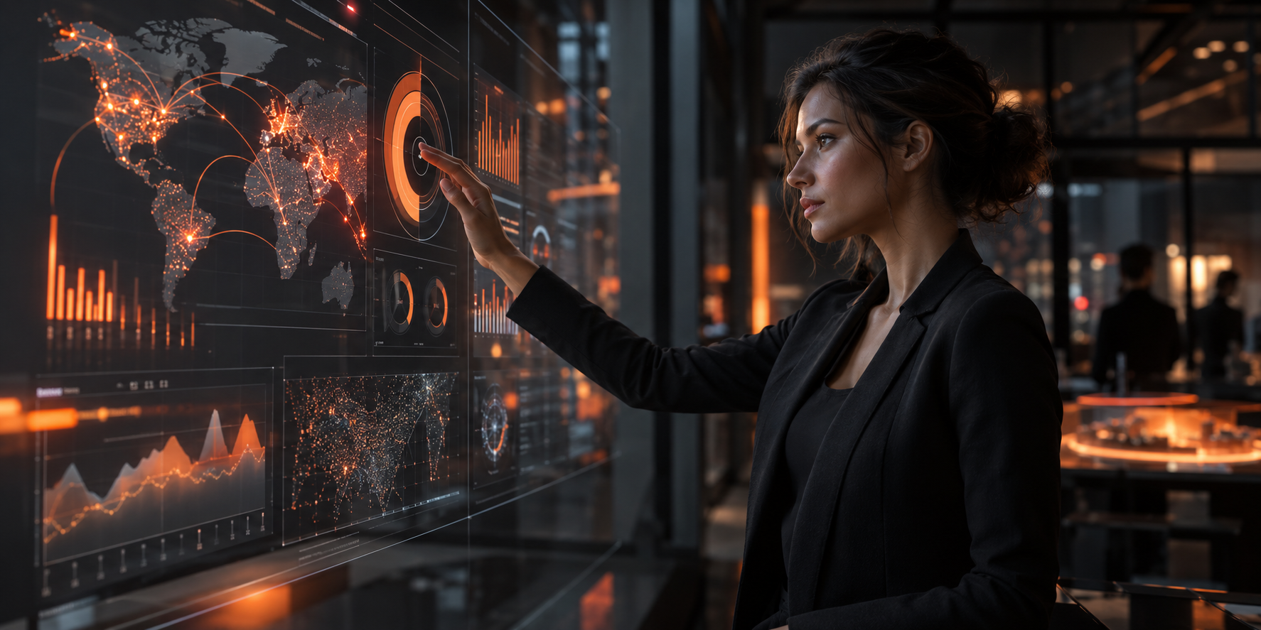 Profesional explorando una pantalla digital de datos